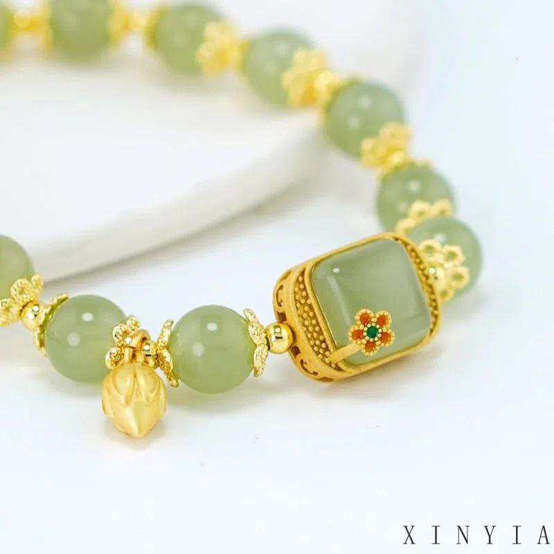 【Bayar di tempat】Gelang Tangan Manik-Manik Batu Jade Hetian Natural Bentuk Persegi Gaya Retro Untuk Wanita ACKER