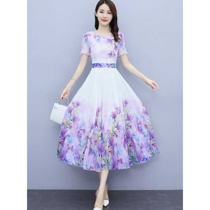 dress wanita putih ungu muda motif bunga sifon Korea lengan pendek ele