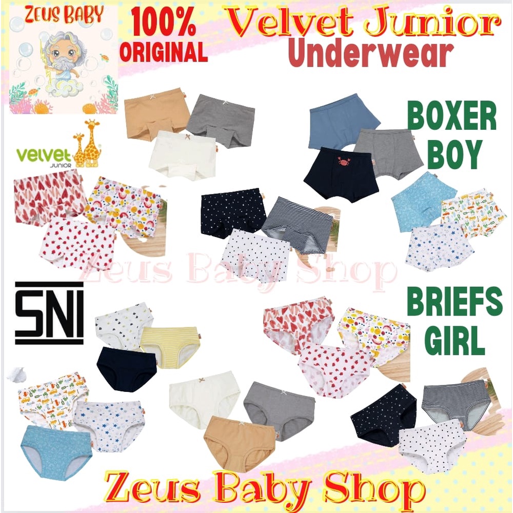 VELVET JUNIOR UNDERWEAR BOXER BRIEF BOY GIRL CELANA DALAM ANAK ISI 3 | CELANA DALAM ANAK PEREMPUAN | CELANA DALAM ANAK LAKI LAKI | CELANA BOXER ANAK