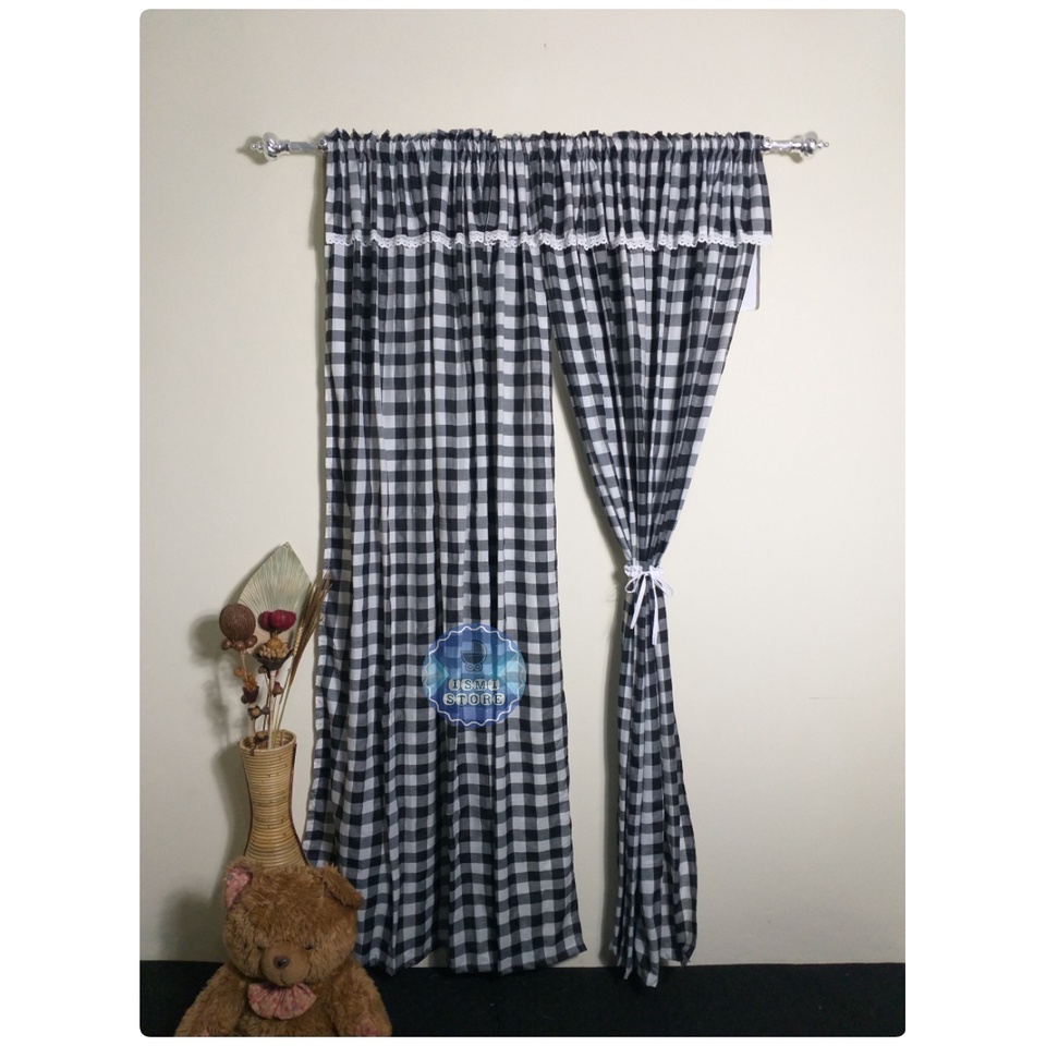 GORDEN PINTU / Tirai JENDELA Minimalis Berhias Poni RENDA RAJUT FREE Tali Motif Kotak Gingham Unik Kekinian Gordeng Jendela by Ismi Store