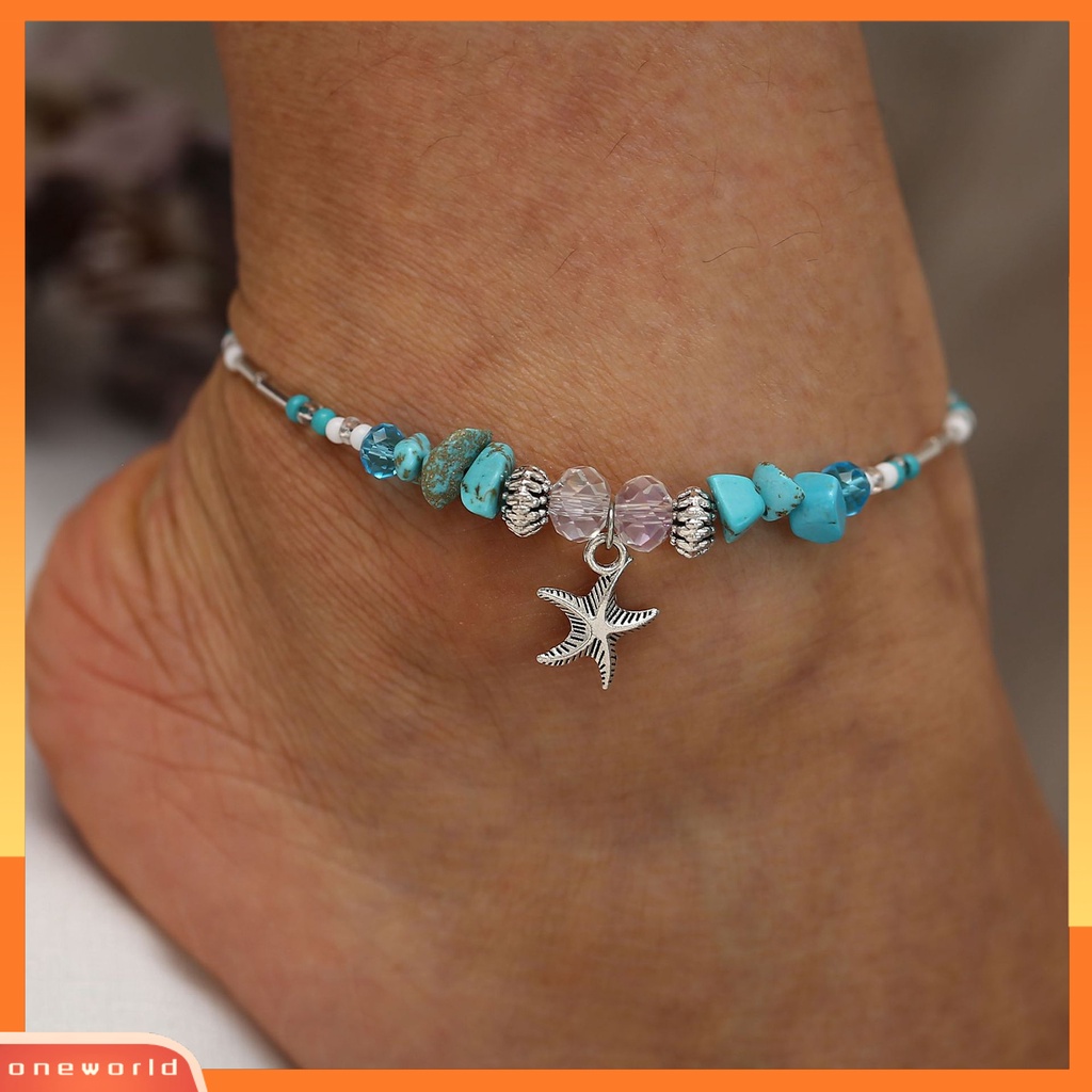 [WONE] Wanita Bohemia Bintang Laut Turquoise Bead Adjustable Foot Rantai Gelang Kaki Perhiasan Untuk Pakaian Sehari-Hari