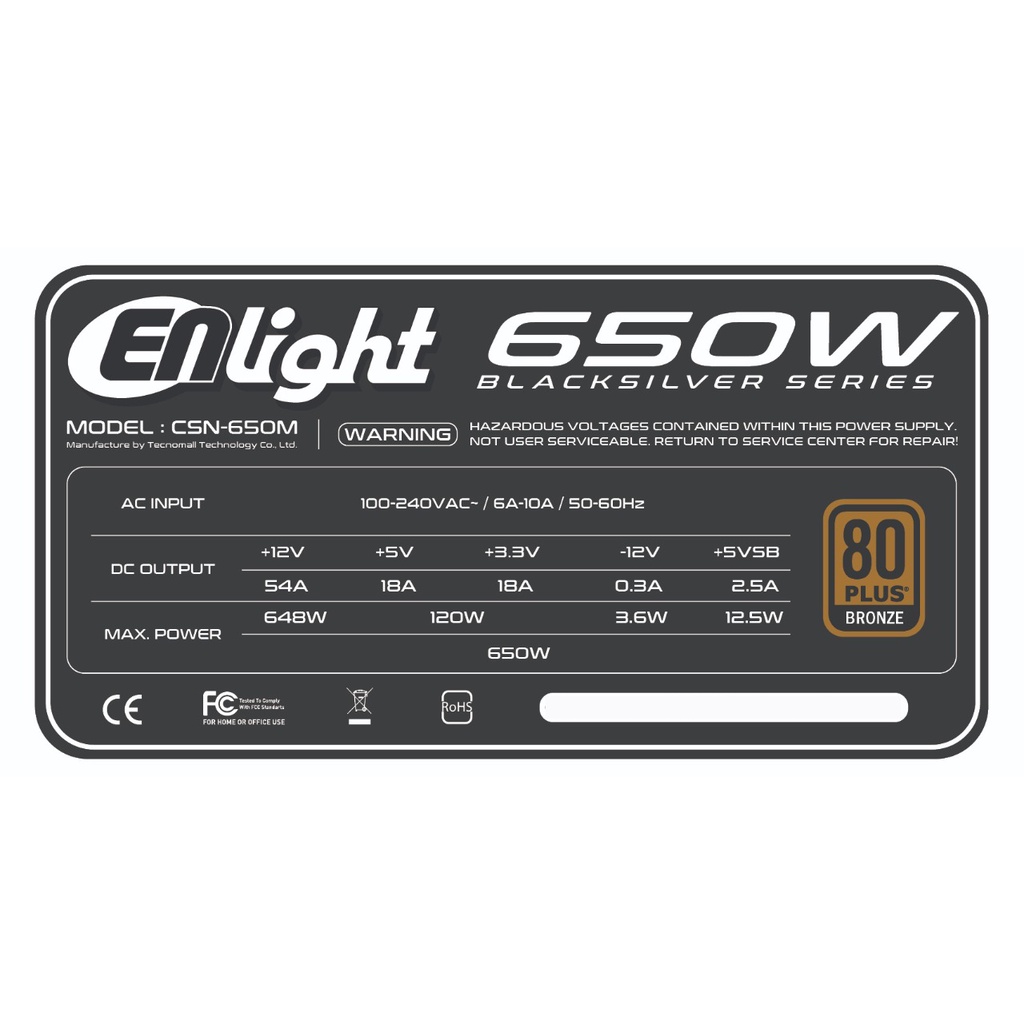 PSU ENLIGHT 650W BLACK SILVER 80+ BRONZE MODULAR | En-650 Master L1