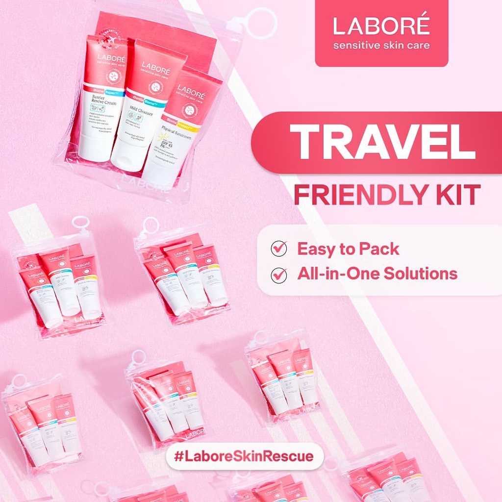 LABORE Sensitive Skin Care On The Go Minis II Indonesia / Trial Kit GentleBiome Mild Cleanser 15ml Hydration Toner 30ml Repair Serum 7ml / Sensitive Skincare Kulit Sensitif Wajah Muka Facial Face Wash Day Night Cream Moiturizer Sunscreen Mask Mini Series