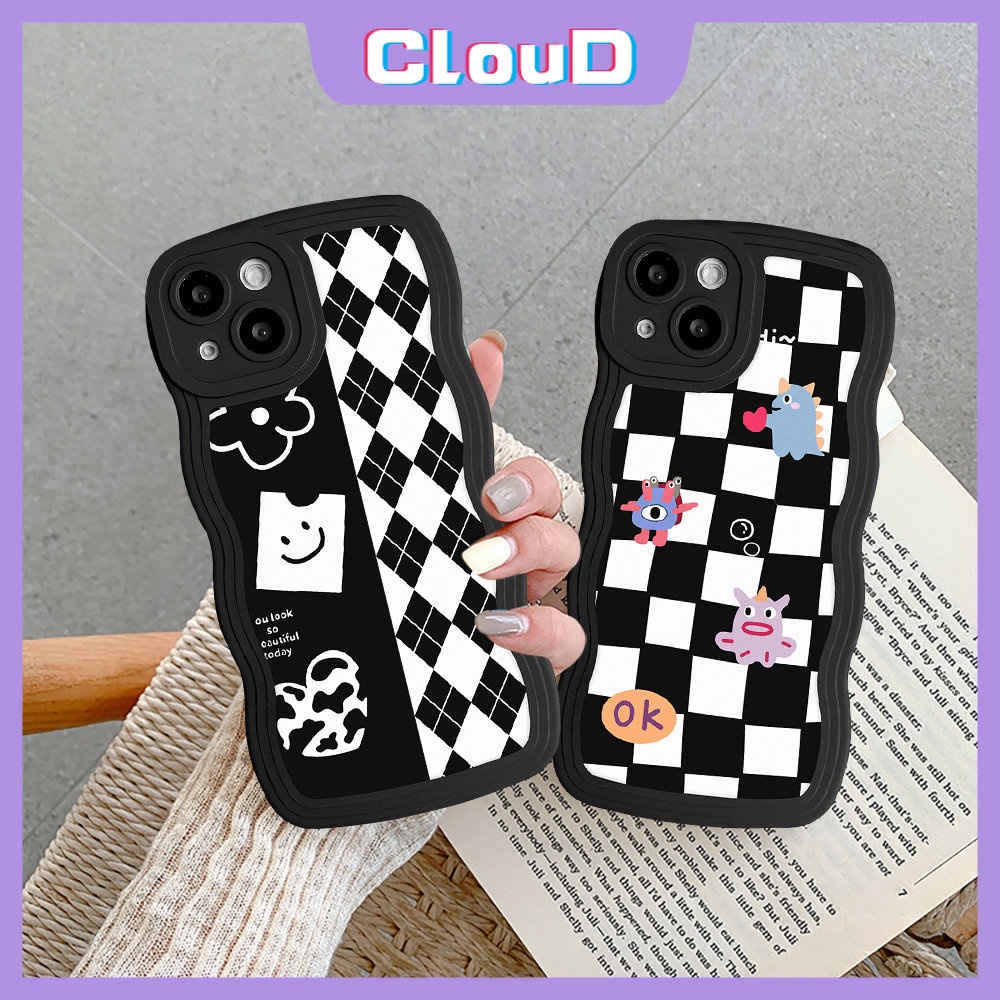 Cute Monster Wavy Edge Case Samsung A14 A04s A04 A03s A12 A13 A04E A11 A32 A33 A22 A21s A52 A50 A53 A50s A30s A52s A02s A31 A20 A23 A51 M32 Lattice Diamond Grid Lembut Tpu Cover