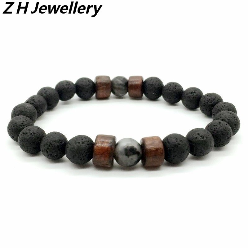 [Z H Perhiasan] Hip Hop Rock Retro Pria Fashion 8mm Batu Vulkanik Manik-Manik Kayu Batu Alam Beads Gelang Pesta Perhiasan Aksesoris