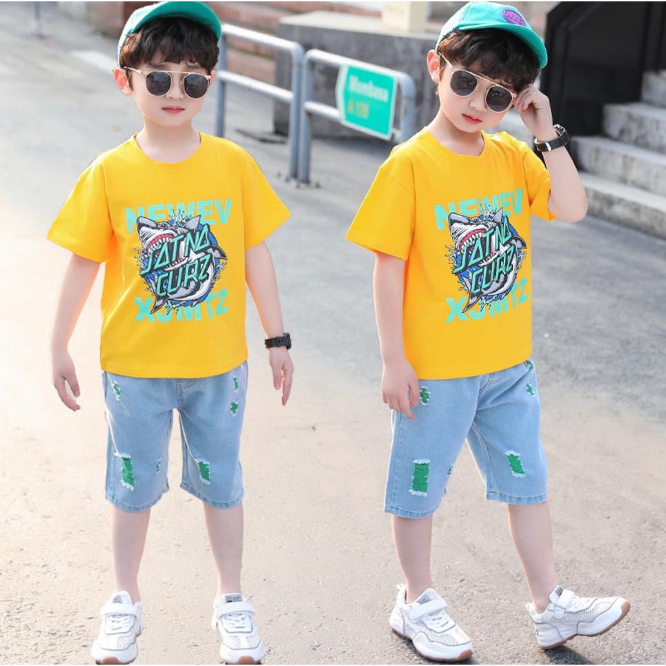 SETELAN ANAK BAJU KAOS CELANA PENDEK BAHAN DENIM UMUR 1-5 TAHUN