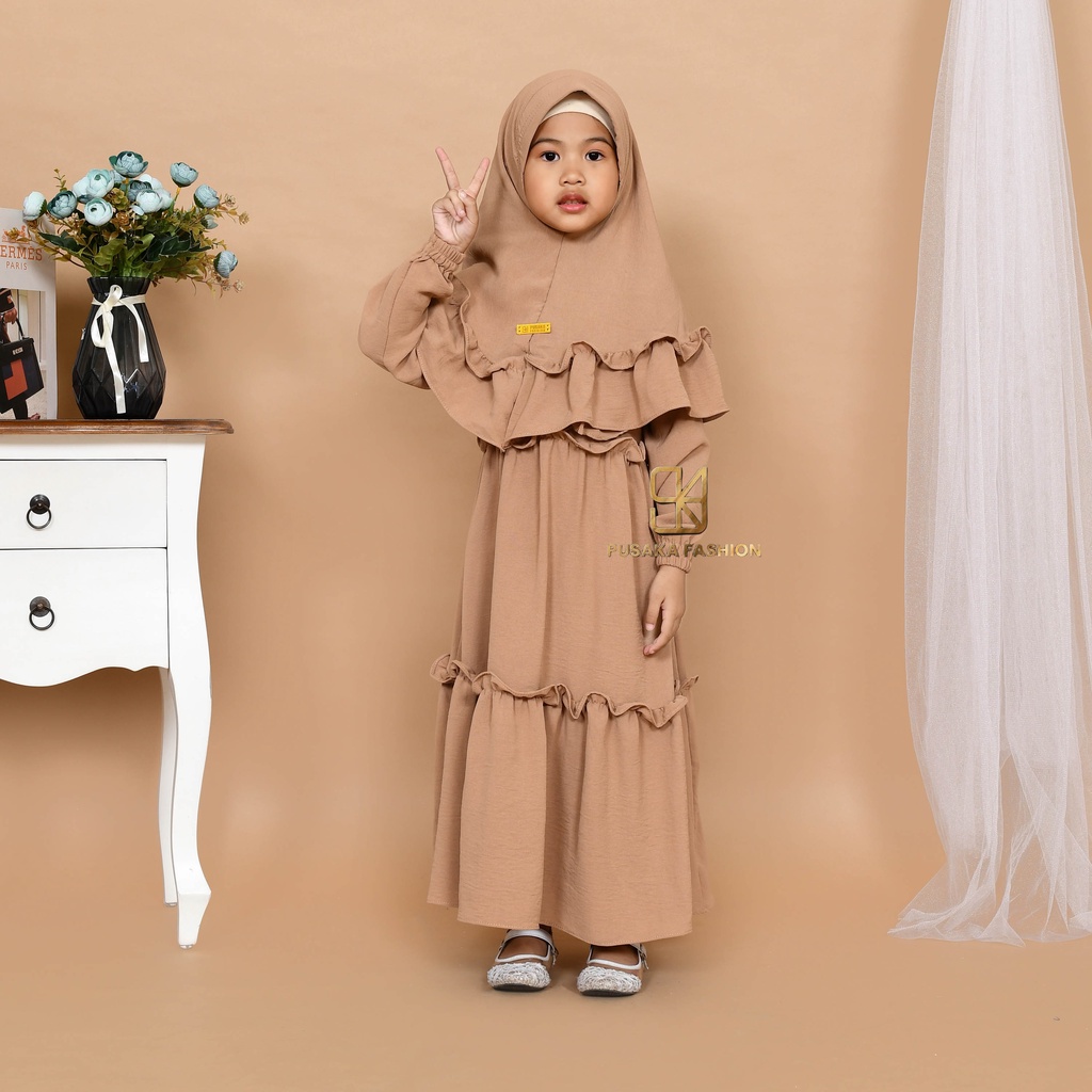 JIRA baju gamis syari anak perempuan cringkle fashion muslim terbaru  FREE hijab khimar modern dres stelan kerudung serut susun 4 - 9 tahun manasik mengaji maulid nabi warna putih tulang hitam bata lilac lemon pink fuchia moca sagr green olive kekinian