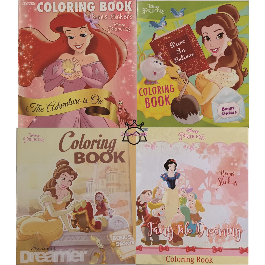 Buku Mewarnai/Coloring Book Disney Princess Belle, Snow White, Ariel, Cinderella, Rapunzel+ Bonus ST
