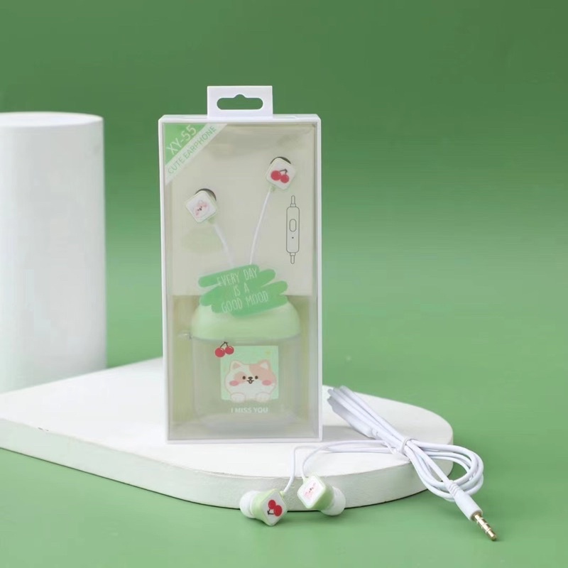 [ XY 55 ] Set Headset Earphone karakter  Every day is a good day mood / + Wadah penyimpananEarphone Motif