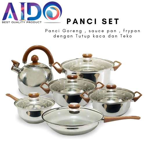 Panci Set Stainless stell 12Pcs ./ Panci Set Cookware 4212 Panci Goreng , sauce pan , frypan dengan Tutup kaca dan Teko