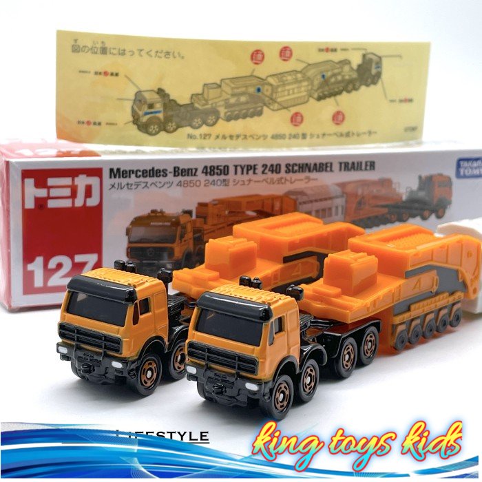 BARU / Mobil Tomica Diecast 127 Mercedes Benz 4850 Type 240 Schnabel Trailer