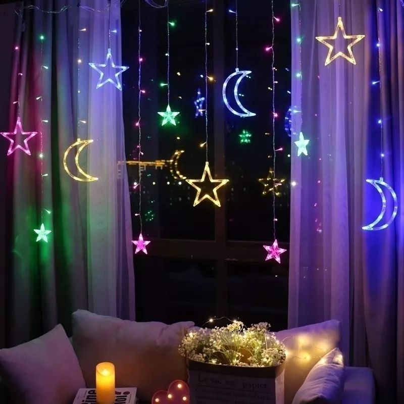 LAMPU STAR MOON GANTUNG RGB RAINBOW BULAN BINTANG TIRAI KAMAI JENDELA BENTUK BESAR 3.5M LED WARNA WARNI KUNING HIAS KADO DEKORASI NATAL TUMBLR