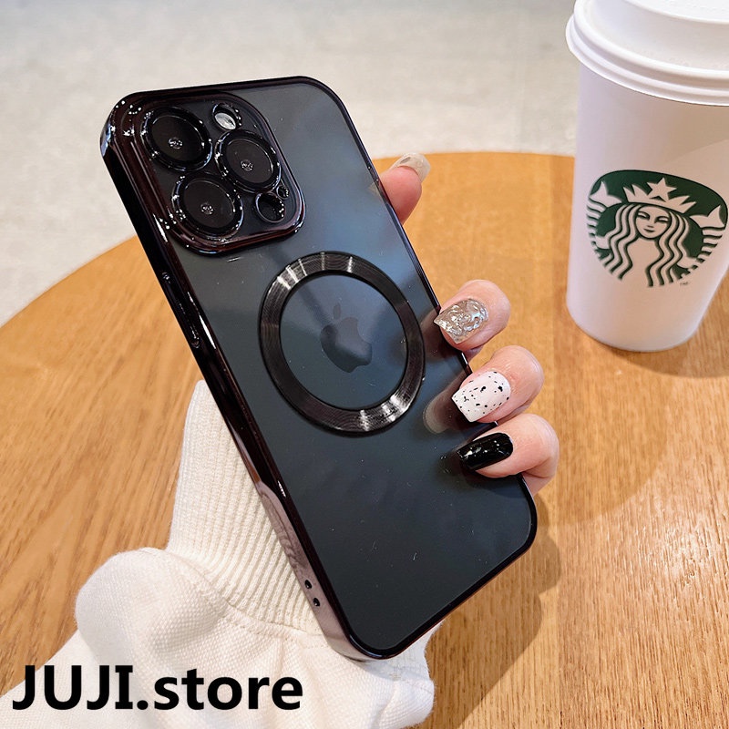 IPHONE Mewah Plating Bening Logo Lubang Shockproof Phone Case Untuk Iphone11 12 13 14 Pro Max Mini XR X XS 78 Plus Cover Perlindungan Lensa