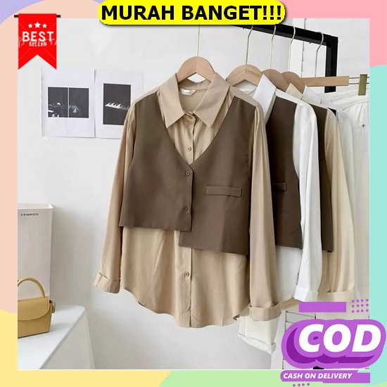 Kemeja Bunga Floral Putih Cream Lengan Panjang Motif Top Girl 114/72 Cod  Oki Hem Shirt Kemeja Korea