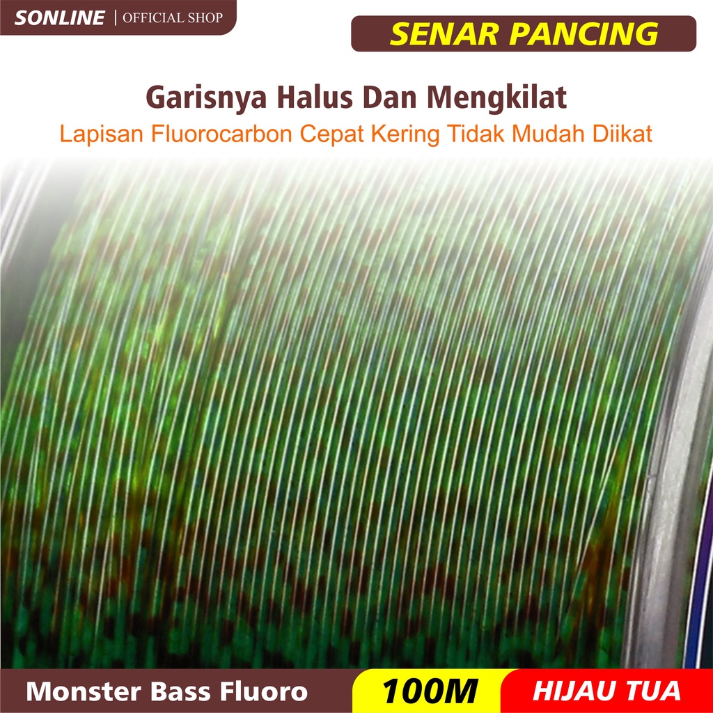 SONLINE Tali Pancing  Bass FLUOROCARBON 100M Warna Hijau Tua Senar Pancing Fishing Line Strength 4.20kg-16.5kg Sangat kuat