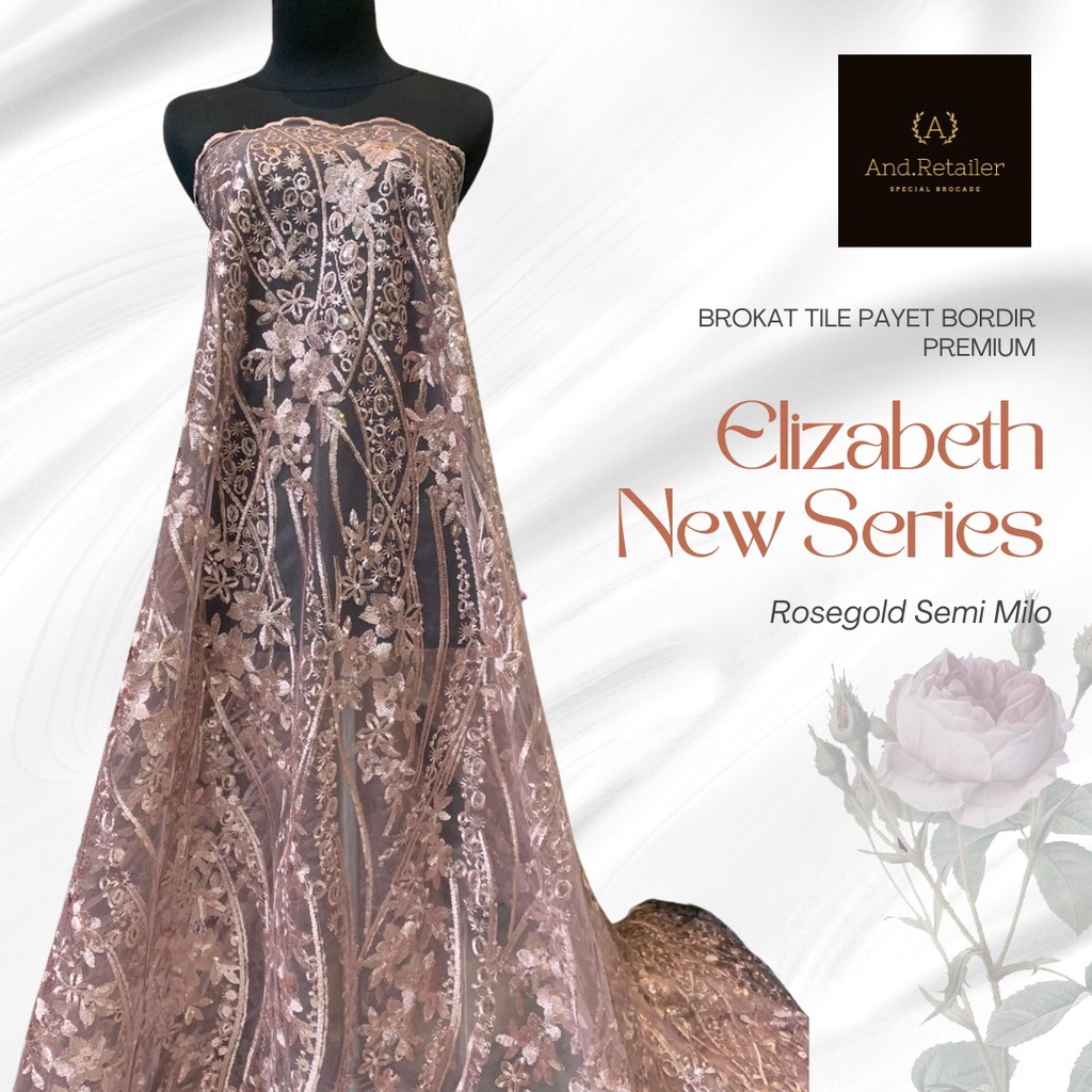 Bahan Kebaya MewaH Brokat Tile Payet Elizabeth New Series Warna Rose Gold Semi Milo