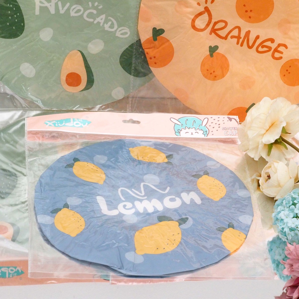 Shower Cap Karakter Motif Buah Penutup Rambut Kepala Mandi Topi Keramas Anak Dewasa Waterproof