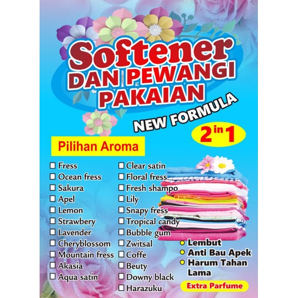 Softener /Pelembut dan Pewangi pakaian aneka aroma kemasan botol PET 1 liter