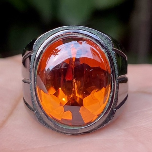 Cincin Batu Akik Fire Opal Top Kristal Ring Titanium Hitam