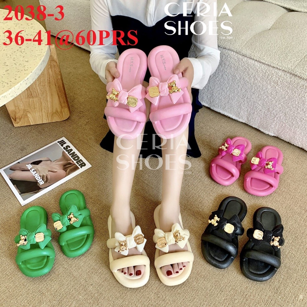 PVC Sandal Slop Jelly Wanita Import BKK Motif Pita Golden Pin Bear Bahan Elastis Empuk Super Soft Non-Slip Rubber 2025-GOLD