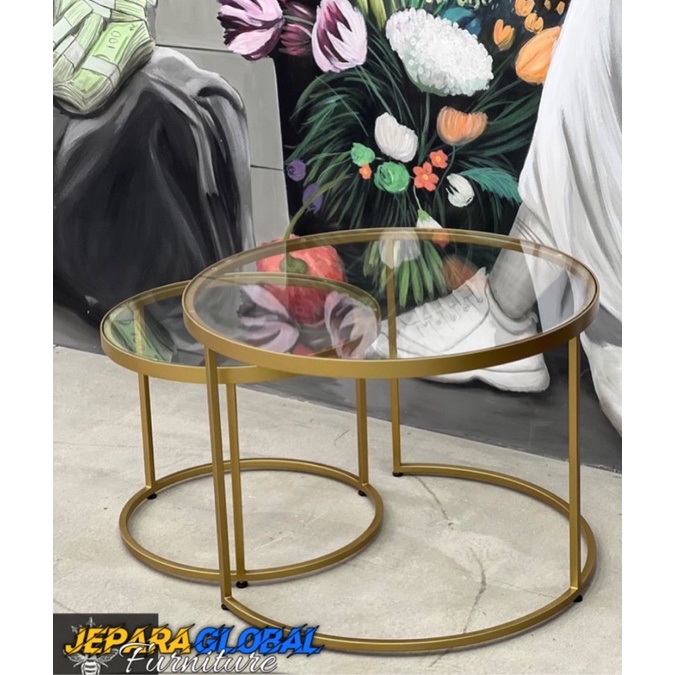 meja tamu round jati besi kaca ( meja tamu bundar,coffe table besi, meja kopi kaca )