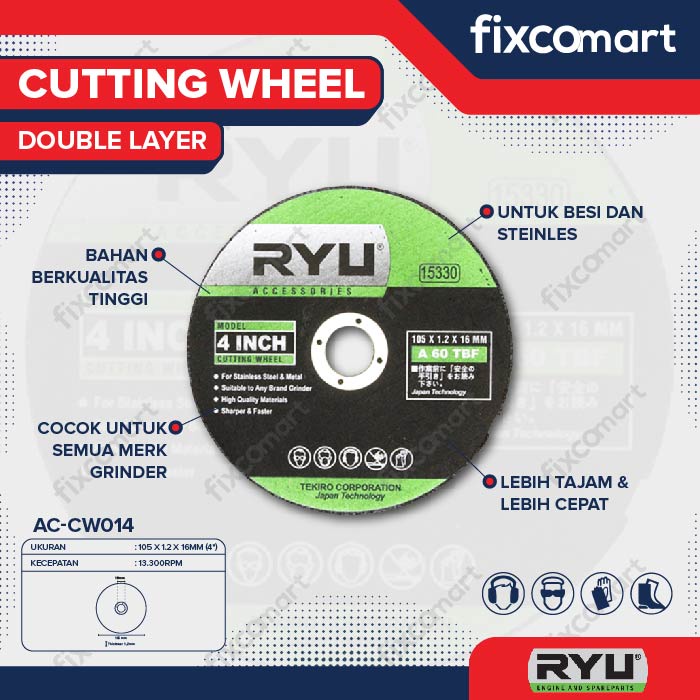 RYU Cutting Wheel Double Layer / Ryu Mata Pisau Mesin Gerinda 4 Inch