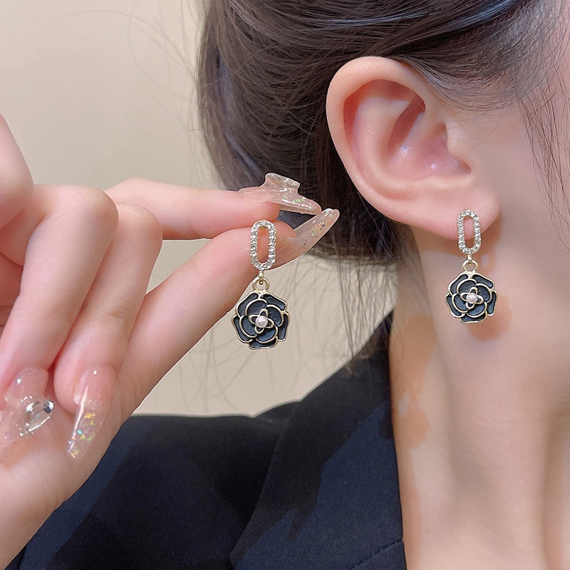 Jarum Perak925An Perak Mewah Camellia Earrings Perempuan Berlian Anting Bunga