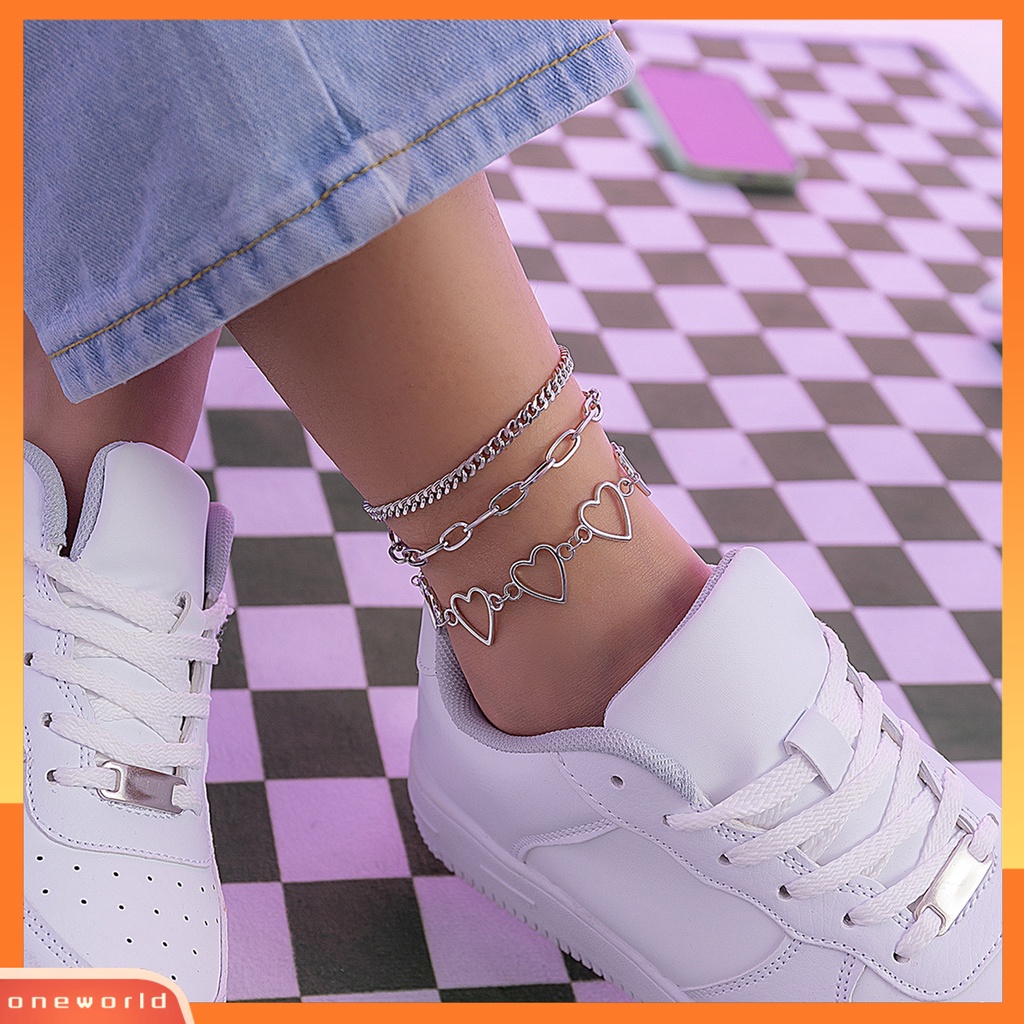 [WONE] 3pcs Wanita Gelang Kaki Multilayer Jantung Paduan Hip Hop Cut-out Foot Bracelets Pakaian Pantai
