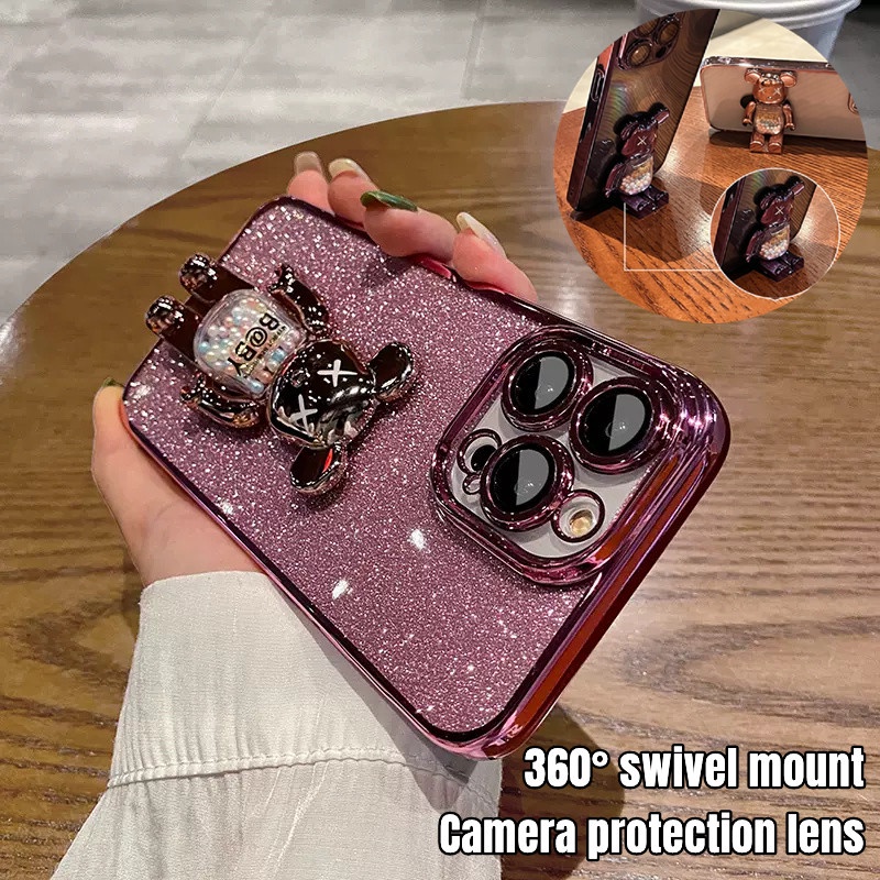 IPHONE Fashion Plating Violence Bear Stand Glitter Casing Ponsel Kompatibel Dengan Iphone14 13 12 11 Pro Max Dengan Perlindungan Film Lensa Anti Jatuh Penutup Belakang