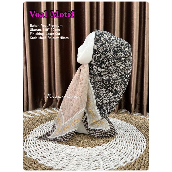 hijab denay segienpat motif batik warna kombinasi hitam cream