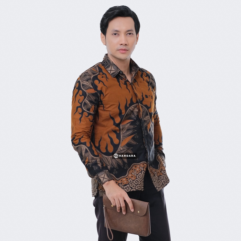 Baju Kemeja Batik Pria Lengan Panjang Slim Fit Premium Modern Full Furing Katun Halus Original Handara Motif Byrna Oren Coklat HB-289