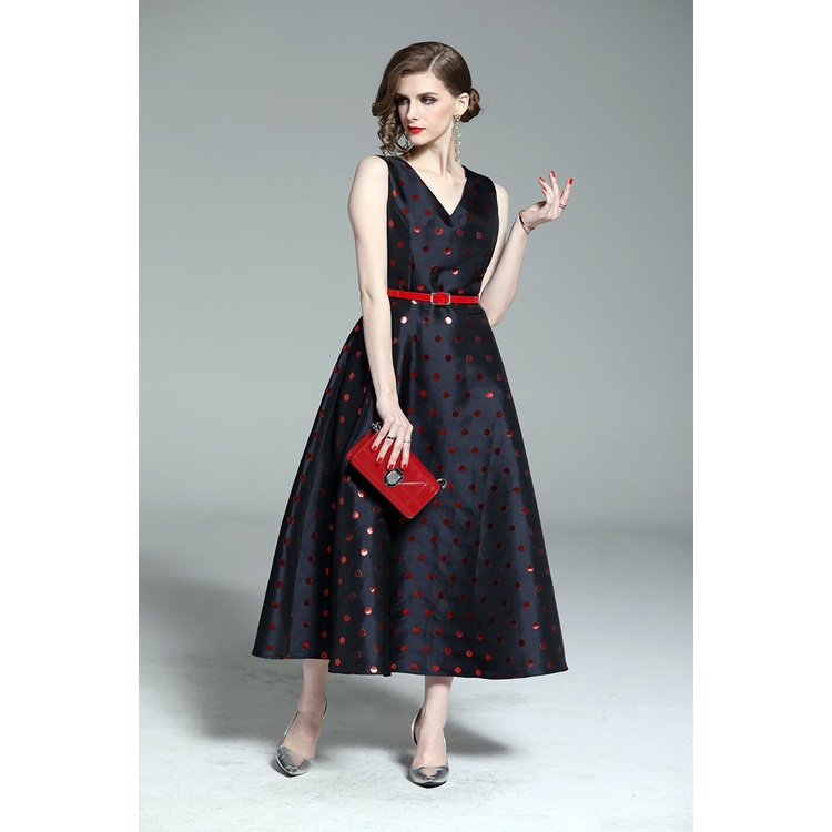 Black A Line Red Dot Premium Dress - party elegant gaun undangan - baju import cina by vone_310