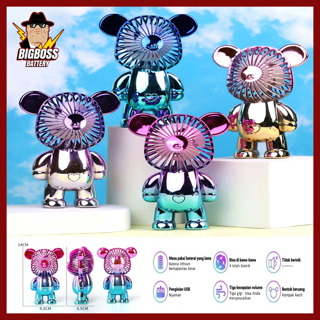 Kipas Angin Portable Bearbrick  Karakter Beruang Anti Slip Standing 3 Pengaturan Kecepatan USB Cas Mini Fan