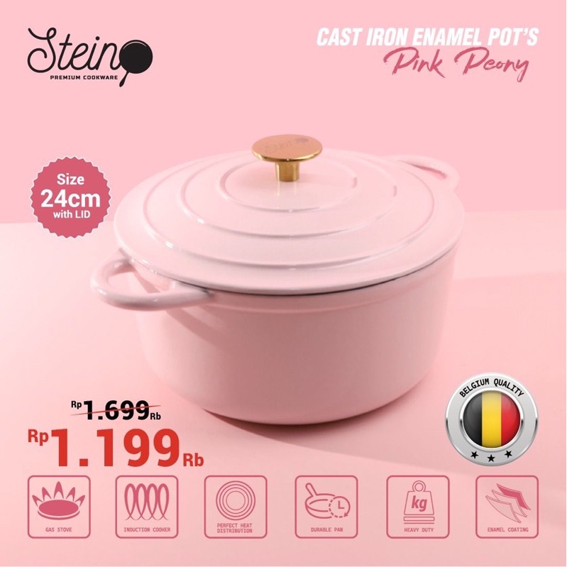Stein Cookware - Non-Stick Cast Iron Enamel Pot | Pink Peony