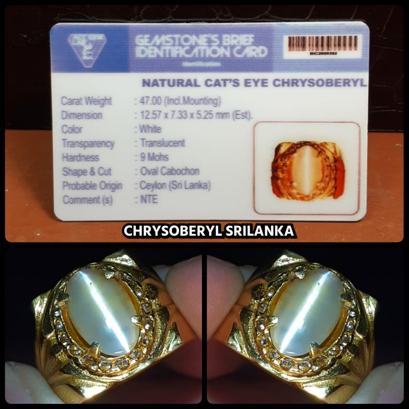 CAT EYE CHRYSOBERYL CEYLON SRILANKA + MEMO LAB