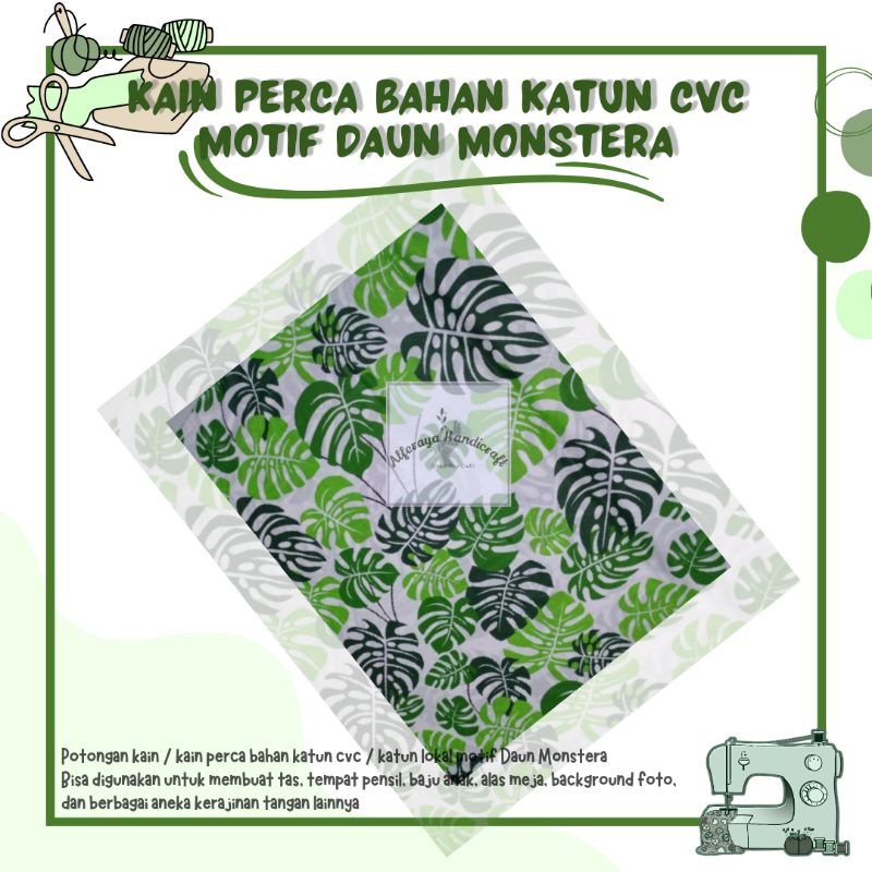 Kain Perca | Bahan Katun Lokal Katun CVC | Potongan Kain Motif Daun Monstera | Kain Motif Daun Monst