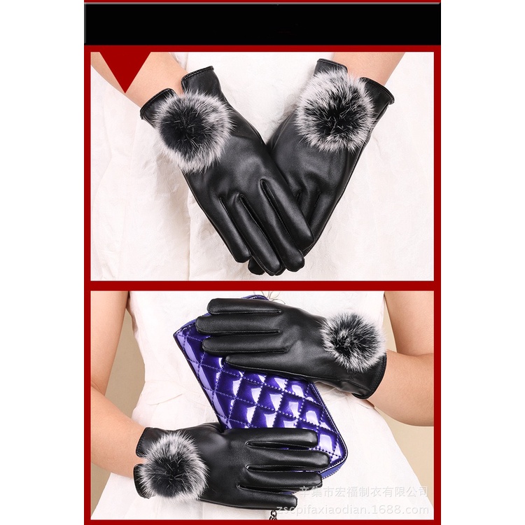 Sarung Tangan Wanita Bahan Kulit PU Leather Bola Bulu Velvet Waterproof Winter Bisa Touch Screen Gloves