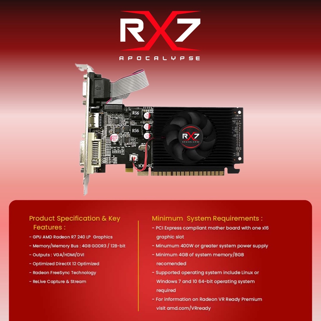 VGA CARD RX7 R7 240 LP 4GB DDR3 128 BIT REAL CAPACITY RESMI