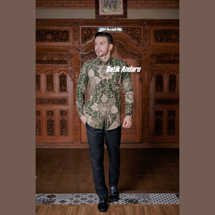 Atasan Baju Batik Pria Lengan Panjang Modern Bahan Katun Primisima Solo Kualitas Premium Warna Hijau Green