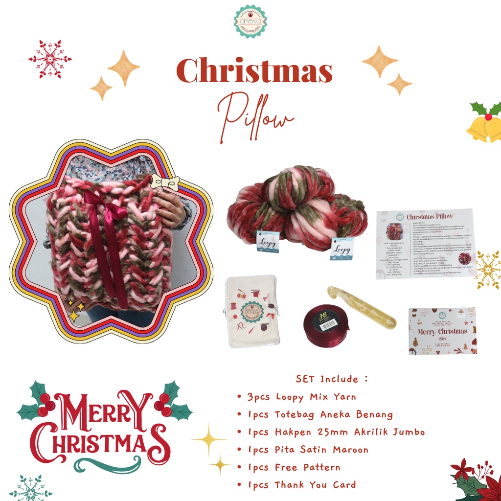 DIY Christmast Pillow Starter KIT  / Paket Merajut Pemula / Hampers DIY Bantal Rajut Loopy / Gift Natal