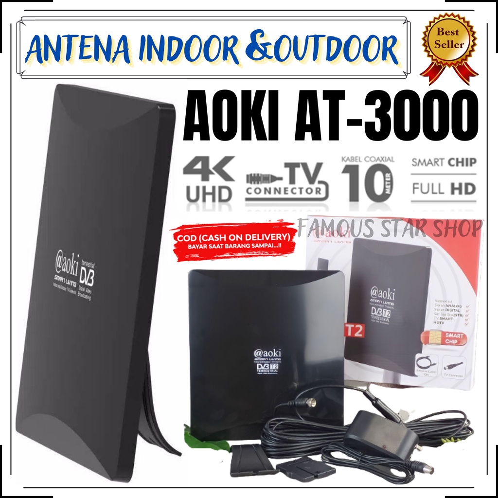 Antena TV Super Jernih Full HD AOKI AT-3000 | Antena Digital Analog Indoor Outdoor TV Tabung TV LED Dalam Luar Ruangan Kabel 10 Meter AOKI AT 3000 | antena tv digital /antena digital tv semua siaran | FMS