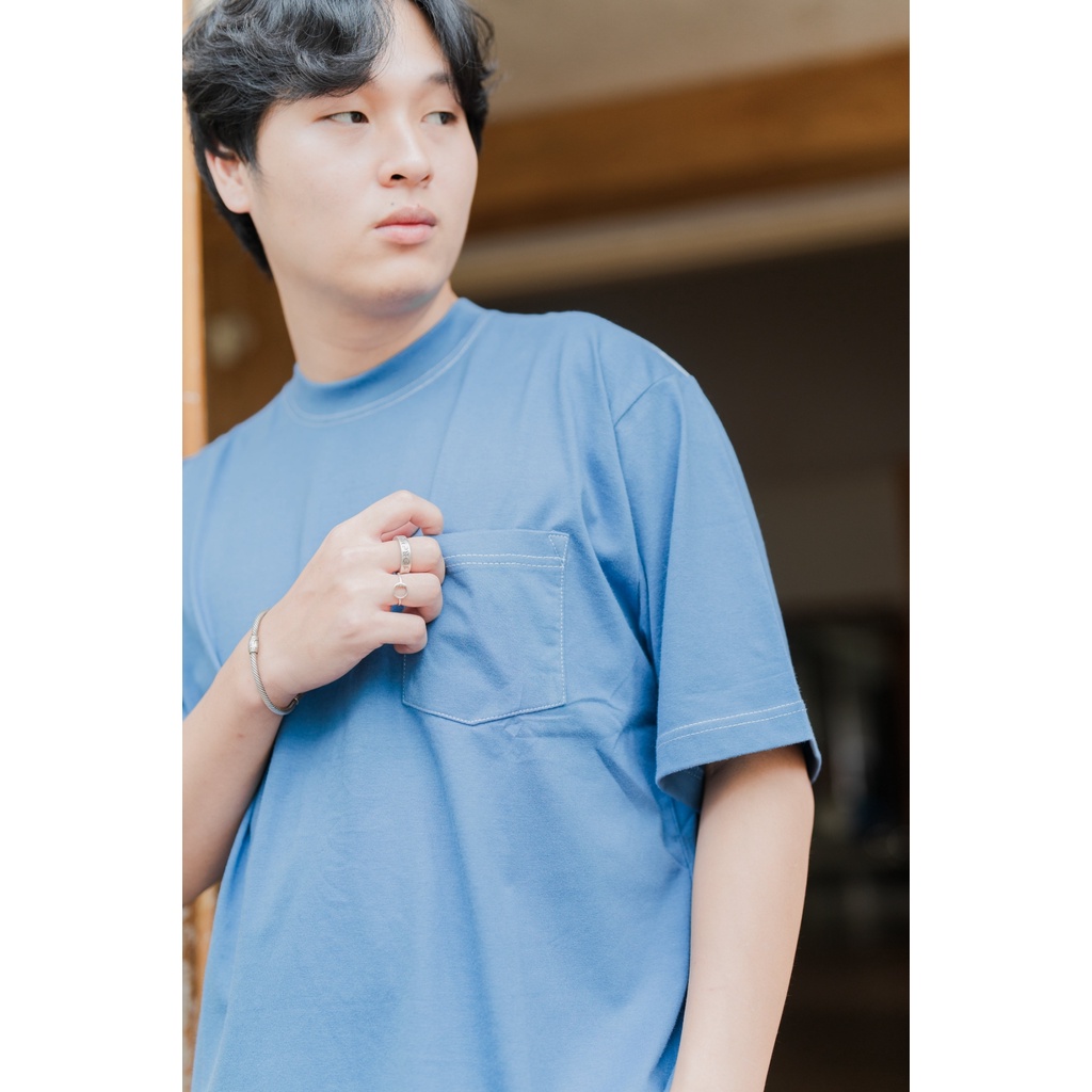 Kaos Oversize Pria Heavy Cotton - Ginza Oversized Tshirt Steel Blue White Stitch  - ByBlank