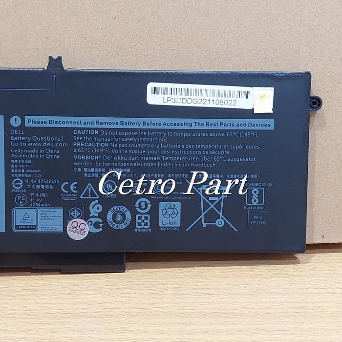 Baterai New Laptop Dell Latitude 5590 5480 5580 5280 Type 3DDDG 93FTF