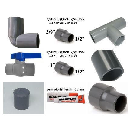 Aksesoris PVC 1/2&quot; Stop kran fitting sock sok Tee keni siku L aksesoris pipa PVC 1/2&quot; 1/2 0.5 0,5 in inch bisa untuk semua merk pipa