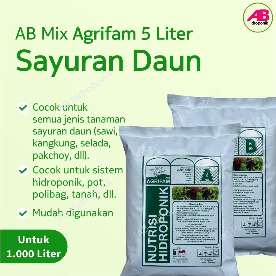 Nutrisi Hidroponik AB Mix Sayur / Sayuran Daun Agrifam 5 Liter
