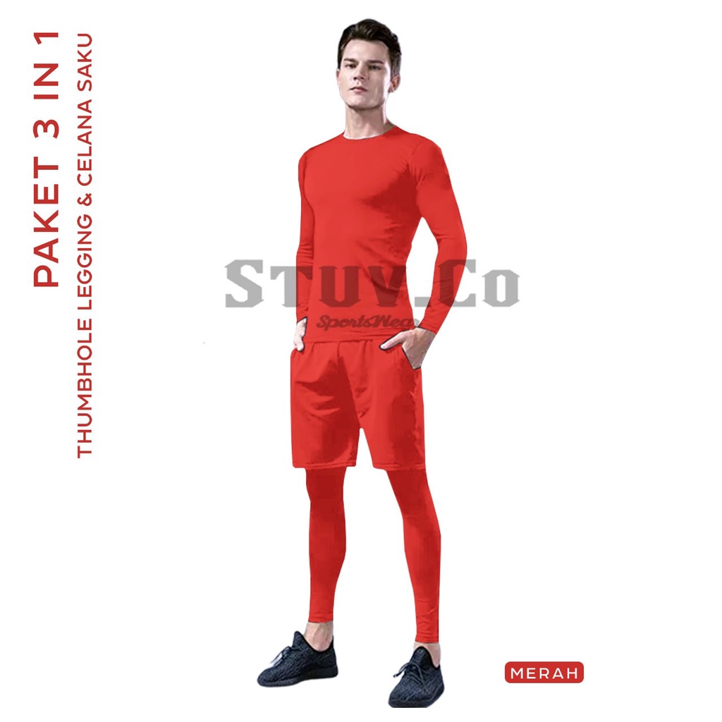 PAKET STELAN OLAHRAGA PRIA WANITA BASELAYER LENGAN PANJANG JARI LONGSLEEVE THUMBHOLE LEGGING PANJANG LEGING LONGPANTS CELANA OLAHRAGA SAKU JOGGING LARI SEPEDA SEPAKBOLA