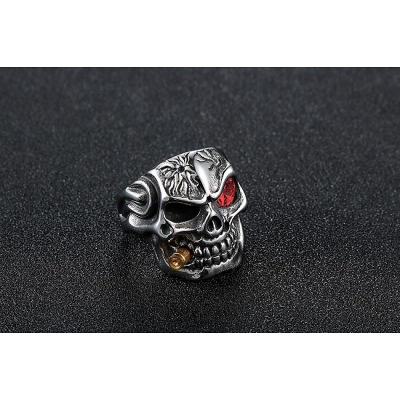 Mendominasi Mode Tengkorak Merokok Cincin Pria Perak Berlapis Hitam Merah Mata Tengkorak Gigit Peluru Cincin Rock Pesta Perhiasan Hadiah