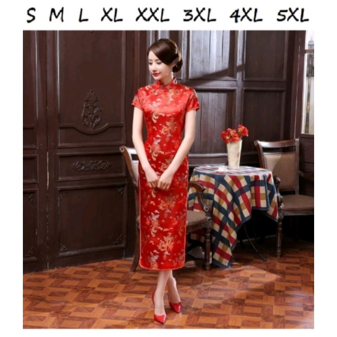 Dress Cheongsam Zhongsan Hanfu Qipao Brokat Satin Merah Panjang Imlek.