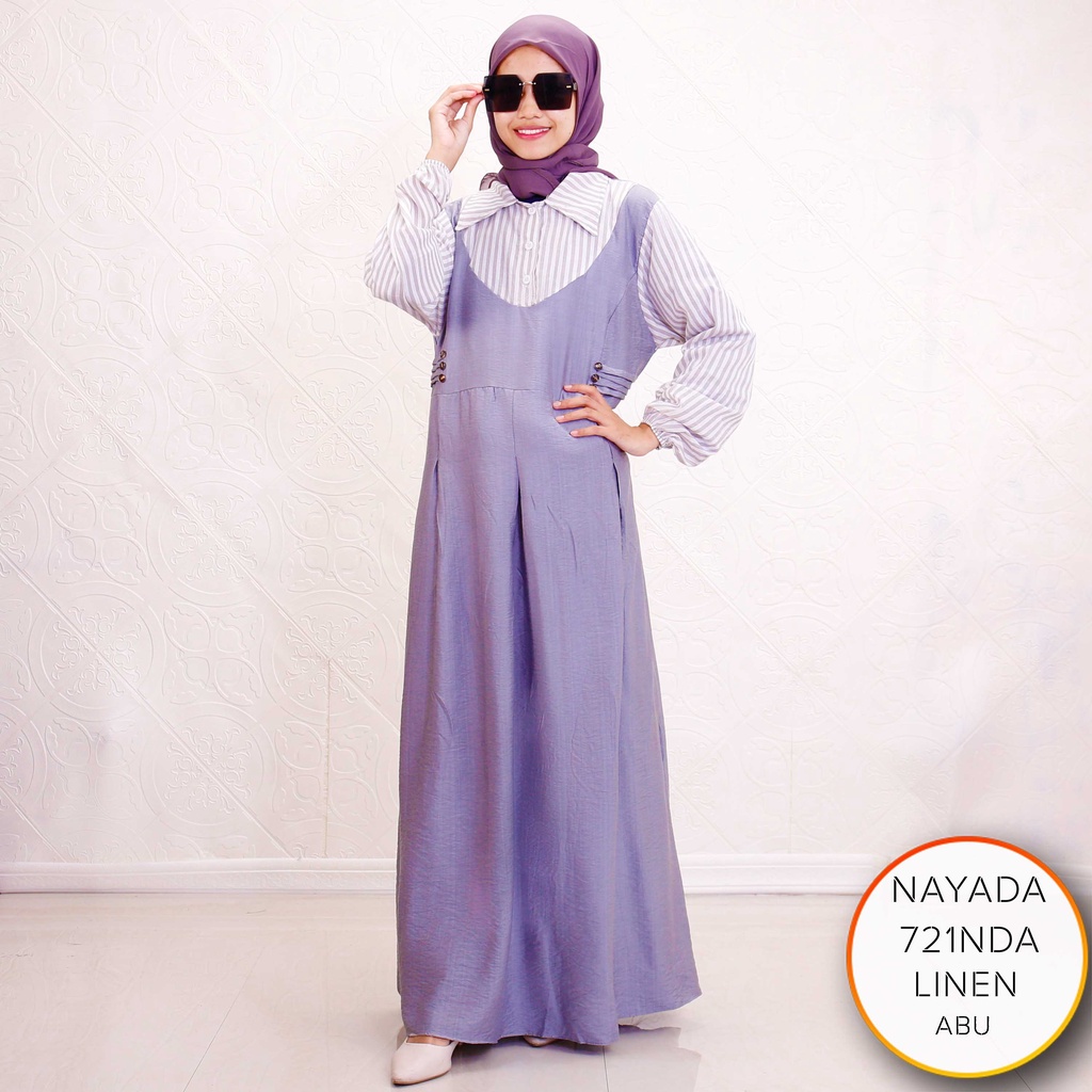 Gamis Linen Kerah Kancing Depan Motif Salur Lipit Nayada 17 2