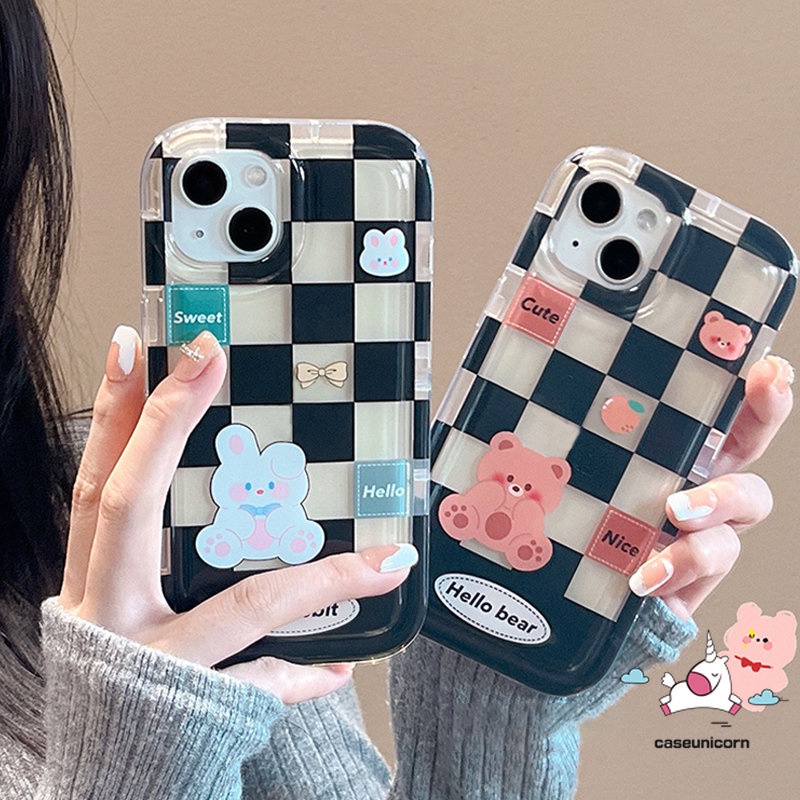 IPHONE Casing Kompatibel Untuk Iphone11 14 13 12 Pro MAX 7plus 7 8 6 6S Plus XR X XS MAX Couple Case Kotak-Kotak Beruang Lucu Kelinci Shockproof Airbag Soft TPU Lovers Phone Case